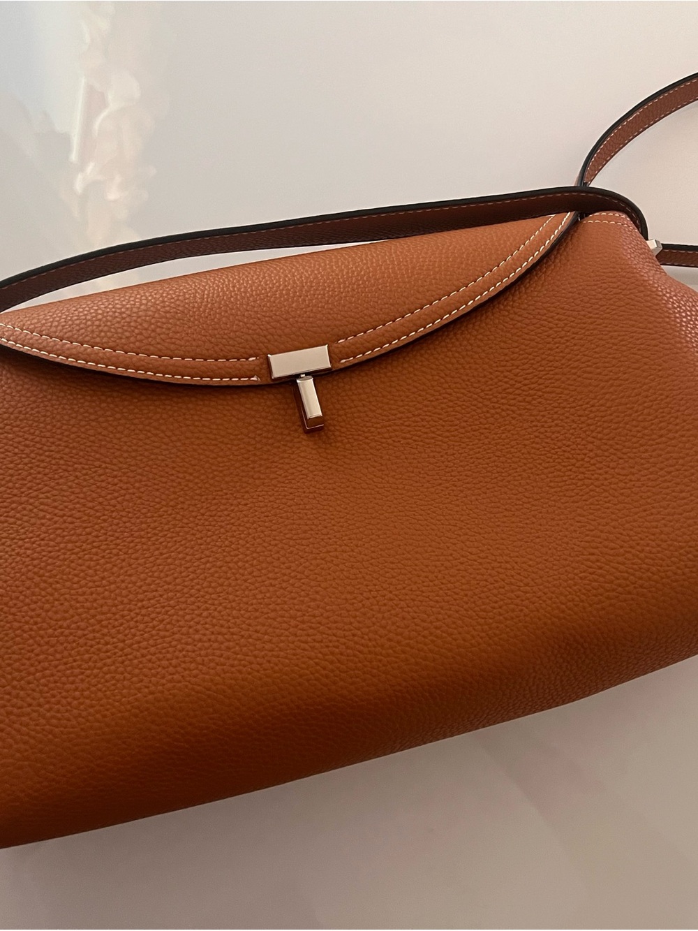 The TOTEME T Lock | Tan Pebbled Leather | Elegant Leather Crossbody Bag